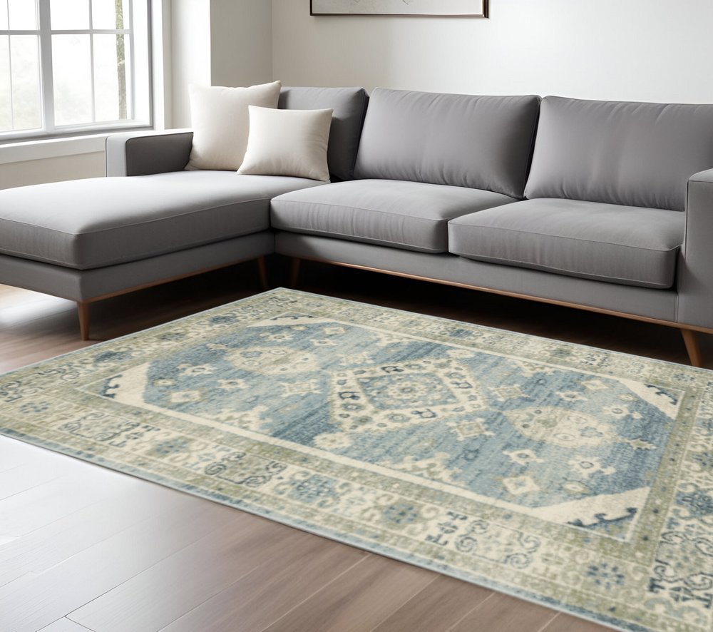 10' X 13' Blue Grey Beige And Teal Oriental Power Loom Stain Resistant Area Rug