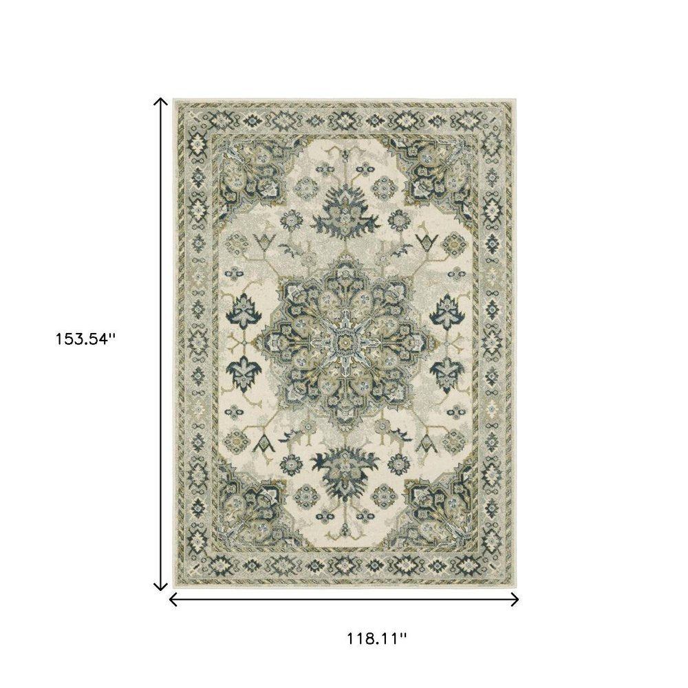 10' X 13' Ivory Blue Teal Grey And Olive Green Oriental Power Loom Stain Resistant Area Rug