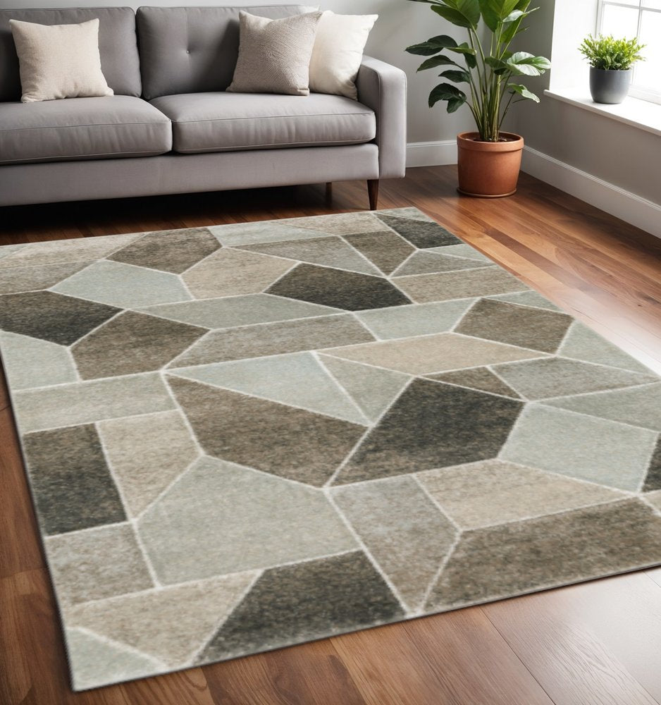5' X 8' Grey Brown Beige Tan Taupe And Ivory Geometric Power Loom Stain Resistant Area Rug