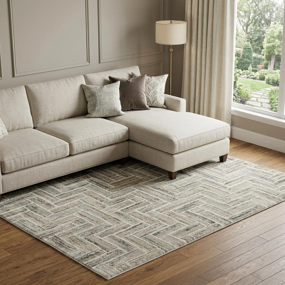 7' X 10' Ivory And Beige Geometric Area Rug