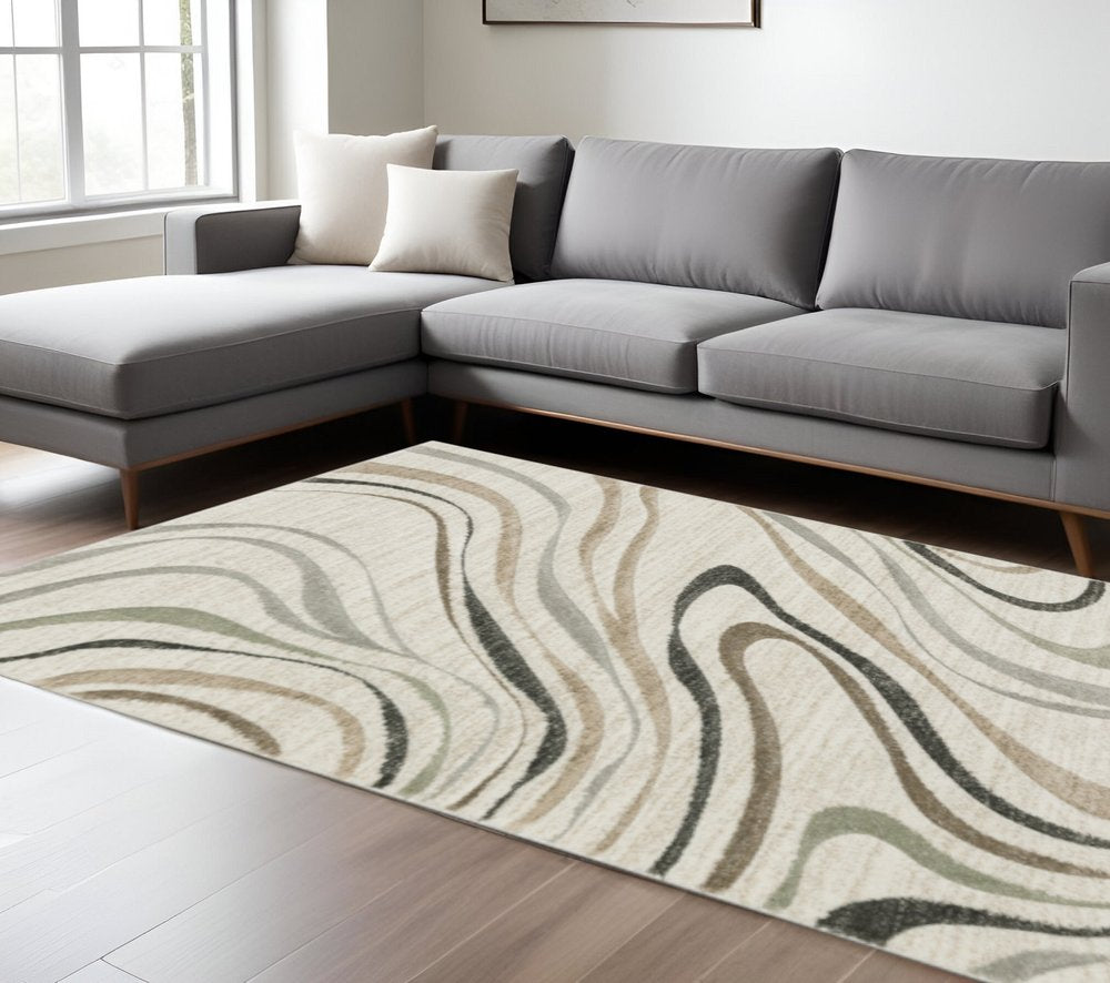 10' X 13' Beige Grey Brown Sage Pale Blue Tan And Charcoal Abstract Power Loom Stain Resistant Area Rug