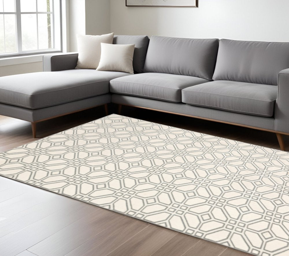 10' X 13' Ivory And Grey Geometric Power Loom Stain Resistant Area Rug