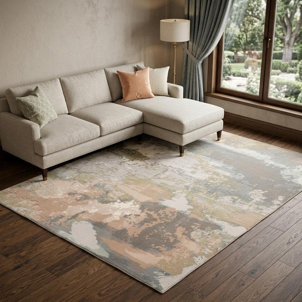 10' X 13' Pink And Cream Abstract Area Rug
