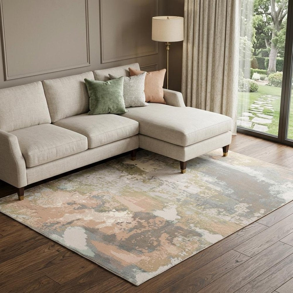 10' X 13' Pink And Cream Abstract Area Rug