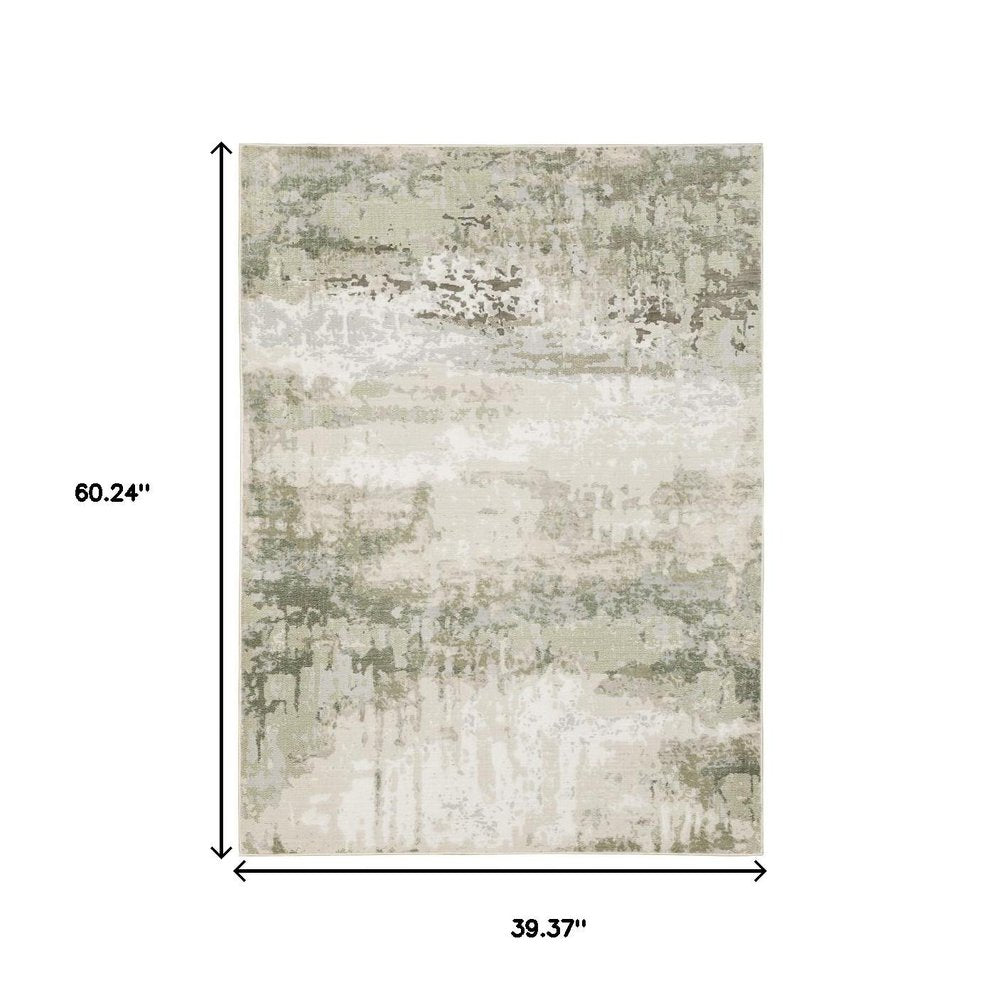 3' X 5' Beige Grey Brown And Sage Green Abstract Power Loom Stain Resistant Area Rug