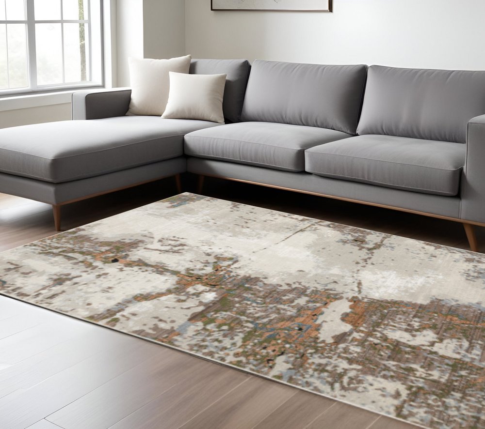 10' X 13' Grey Salmon Pink Blue Beige And Green Abstract Power Loom Stain Resistant Area Rug