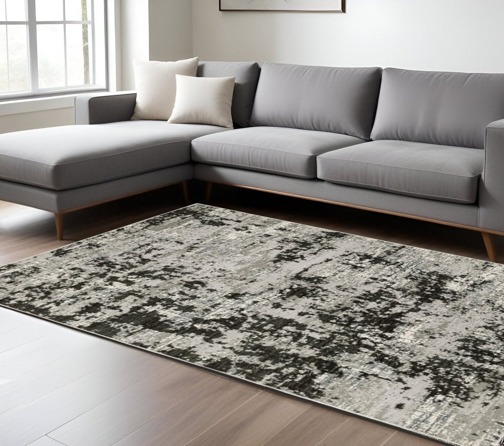 7' X 10' Gray And Black Abstract Distressed Area Rug