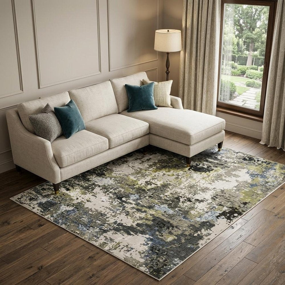 7' X 10' Gray And Green Abstract Area Rug