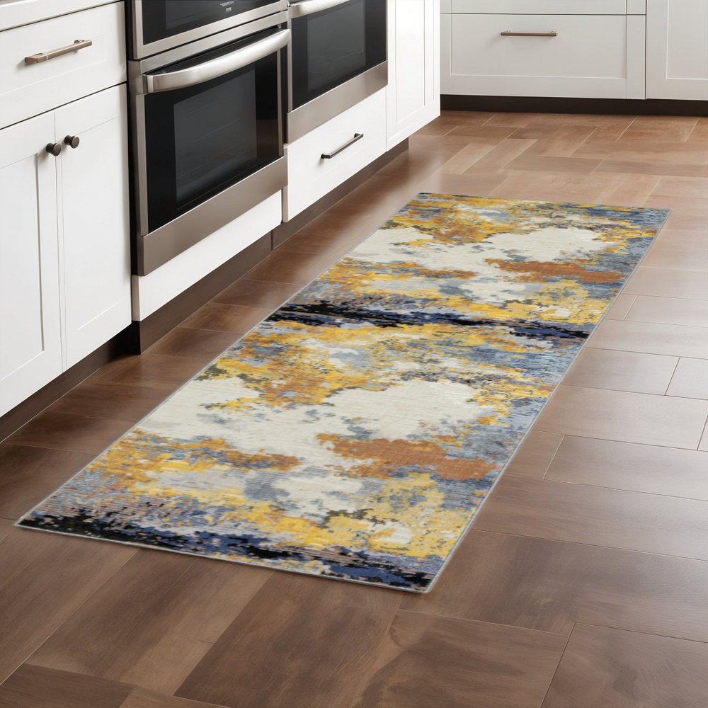 2' X 8' Yellow Gold Blue Grey Brown And Beige Abstract Power Loom Stain Resistant Runner Rug
