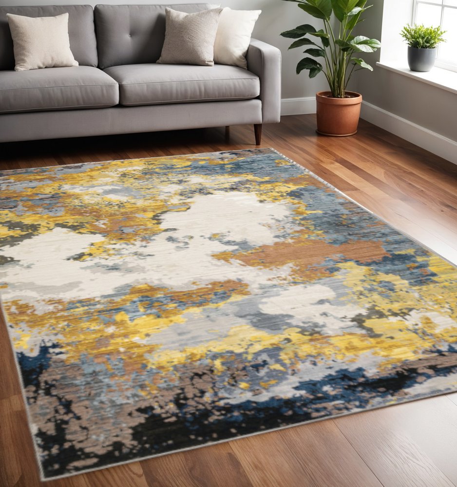 5' X 8' Yellow Gold Blue Grey Brown And Beige Abstract Power Loom Stain Resistant Area Rug