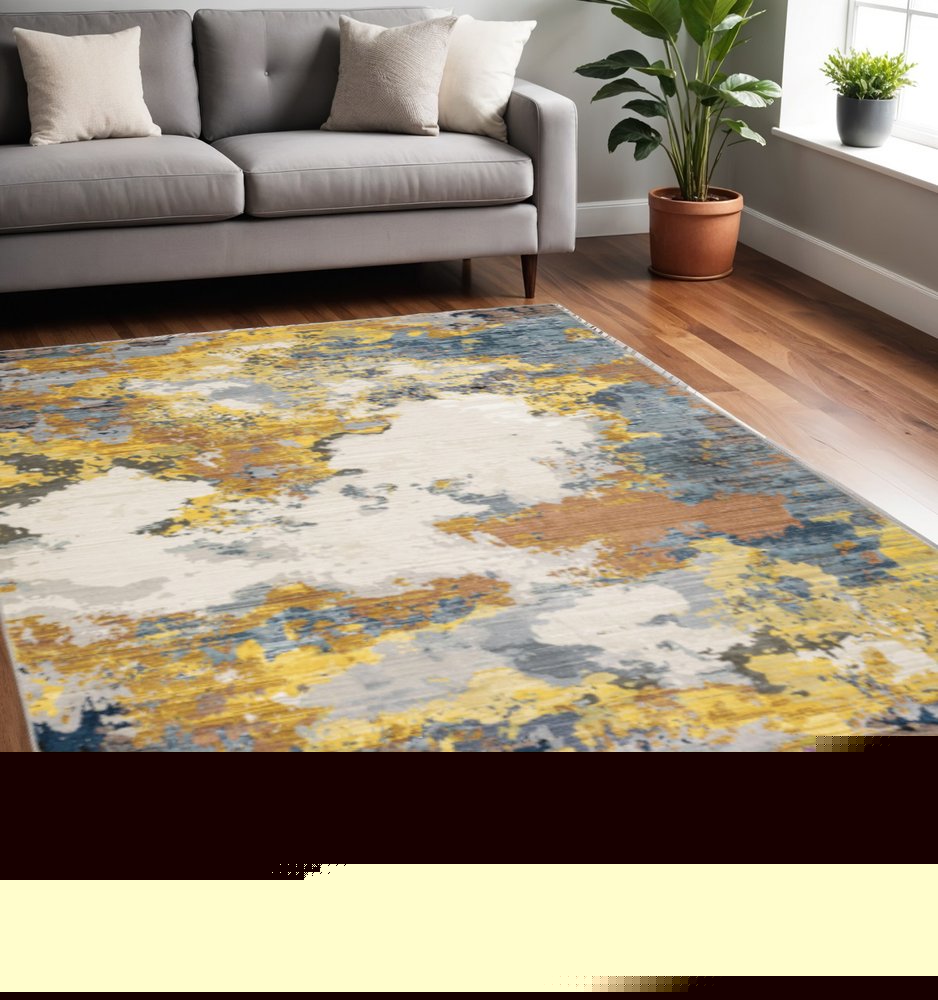 5' X 8' Yellow Gold Blue Grey Brown And Beige Abstract Power Loom Stain Resistant Area Rug