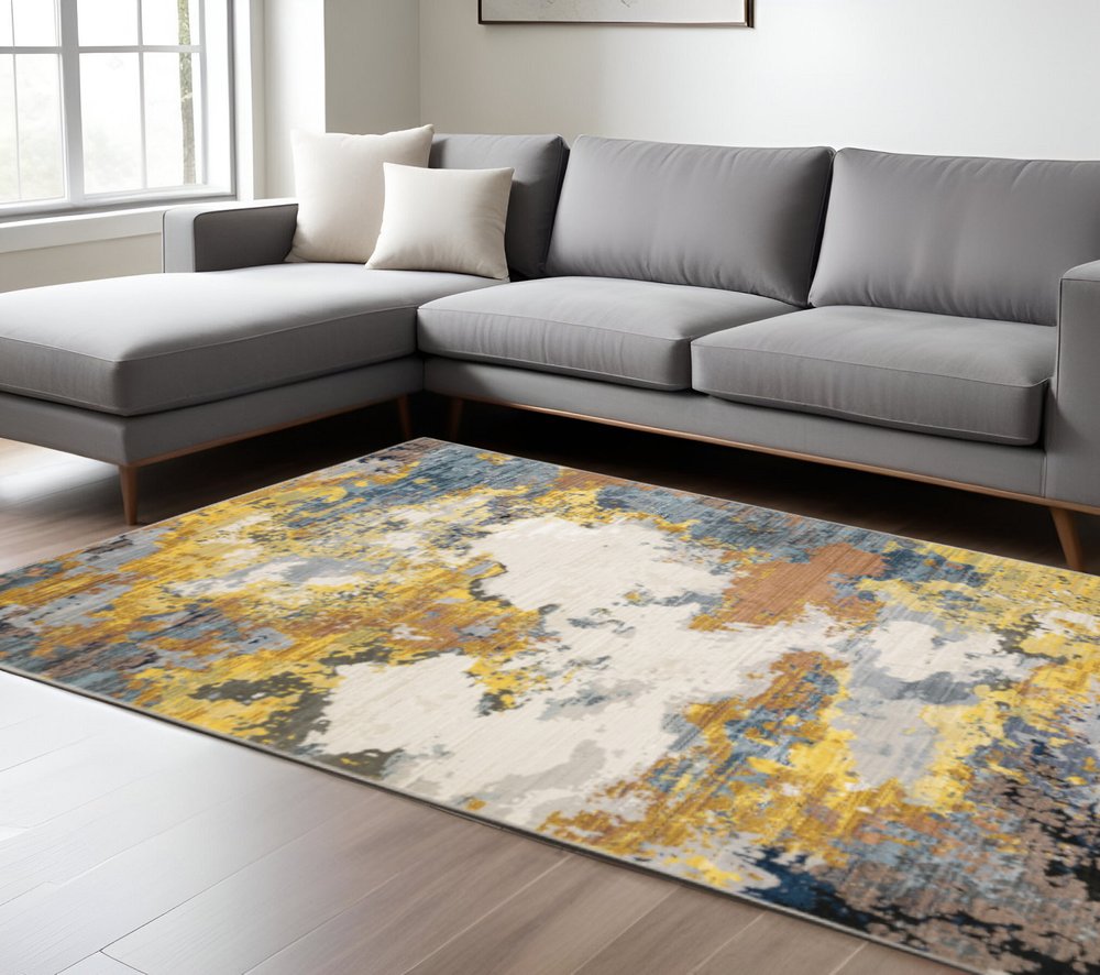 10' X 13' Yellow Gold Blue Grey Brown And Beige Abstract Power Loom Stain Resistant Area Rug