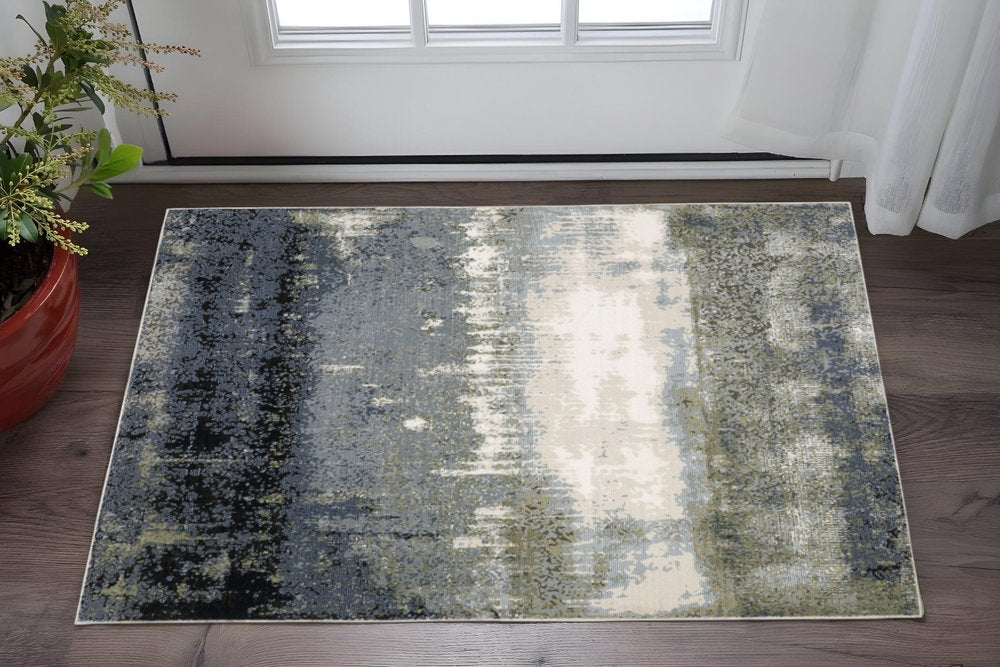 3' X 5' Blue Green Grey And Beige Abstract Power Loom Stain Resistant Area Rug