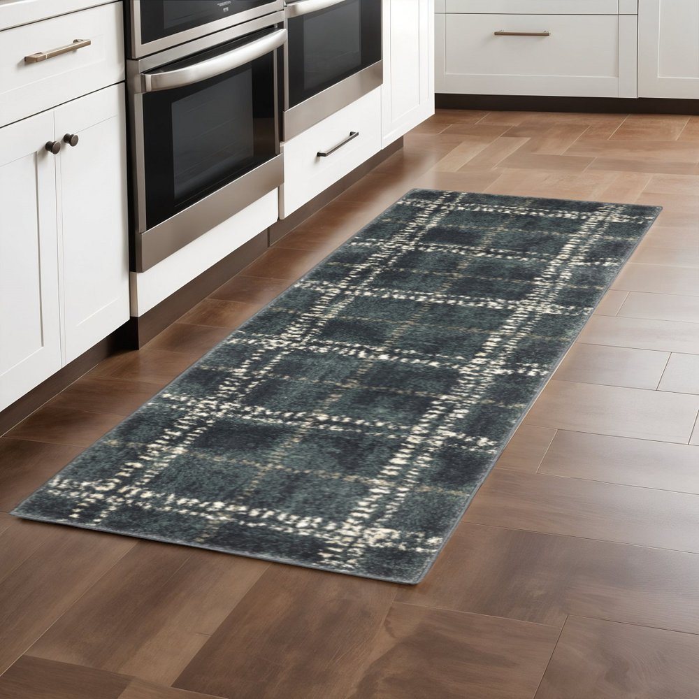 2' X 8' Blue And Ivory Geometric Power Loom Stain Resistant Runner Rug