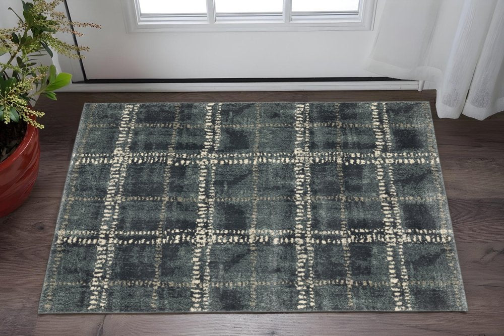 2' X 3' Blue And Ivory Geometric Power Loom Stain Resistant Area Rug