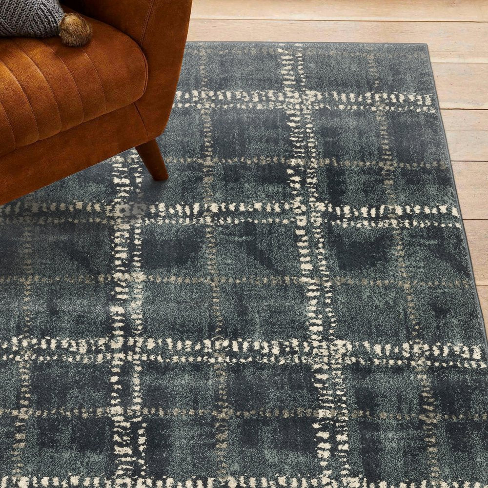 7' X 9' Blue And Ivory Geometric Shag Area Rug