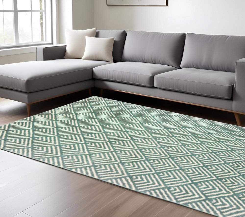 10' X 13' Foam Blue And Ivory Geometric Power Loom Stain Resistant Area Rug