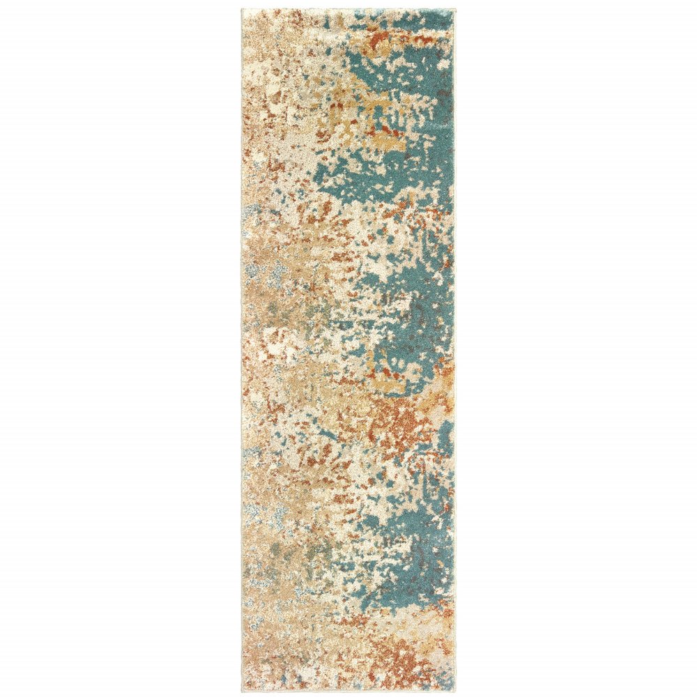 2' X 8' Foam Blue Pumpkin And Golden Yellow Abstract Power Loom Stain Resistant Runner Rug