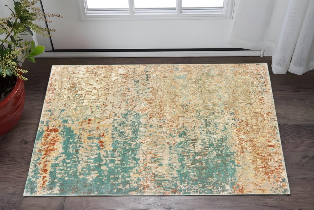 2' X 3' Foam Blue Pumpkin And Golden Yellow Abstract Power Loom Stain Resistant Area Rug