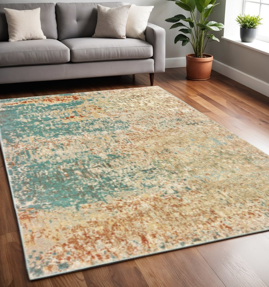 5' X 7' Foam Blue Pumpkin And Golden Yellow Abstract Power Loom Stain Resistant Area Rug