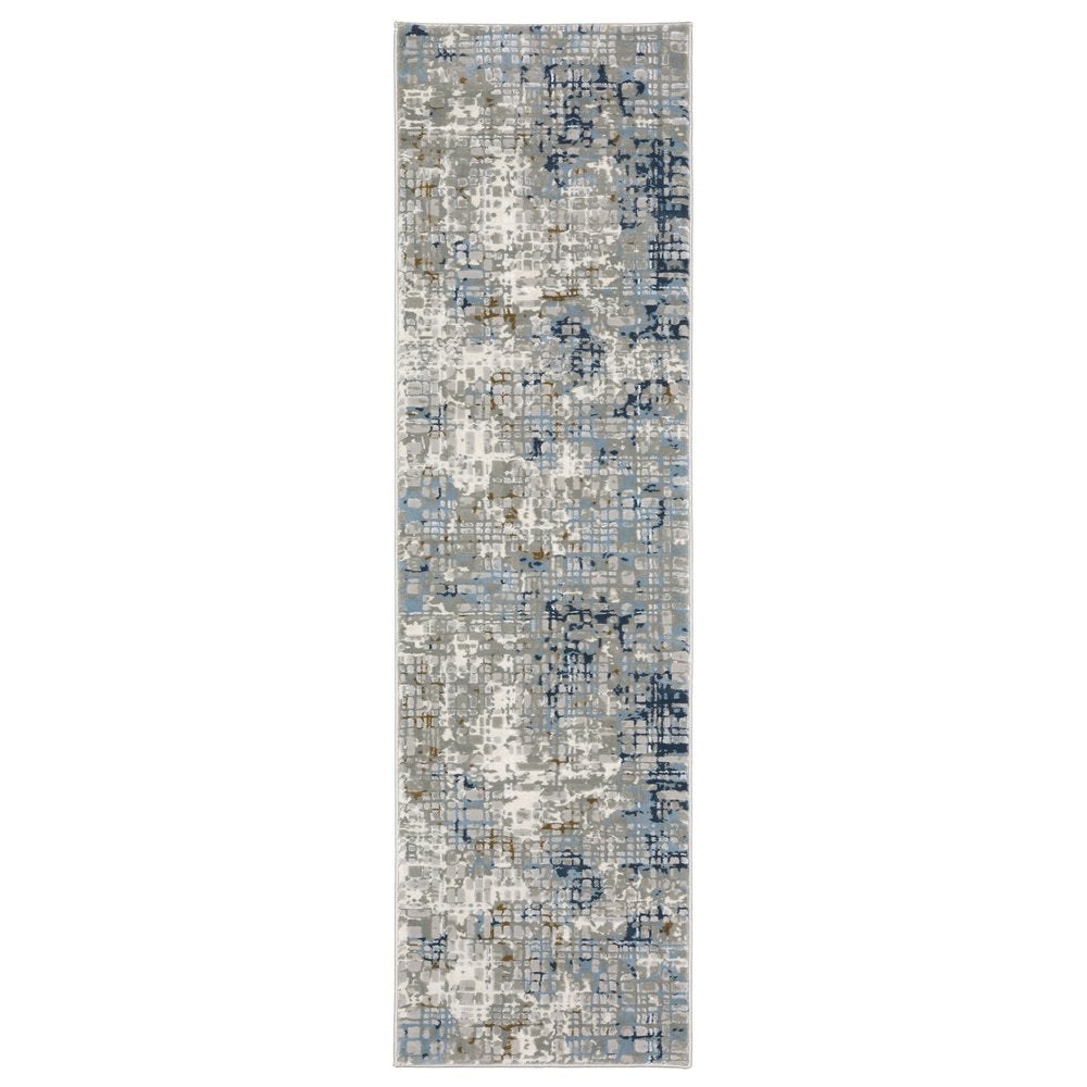 2' X 8' Blue Ivory Grey Brown Beige And Light Blue Abstract Power Loom Stain Resistant Runner Rug