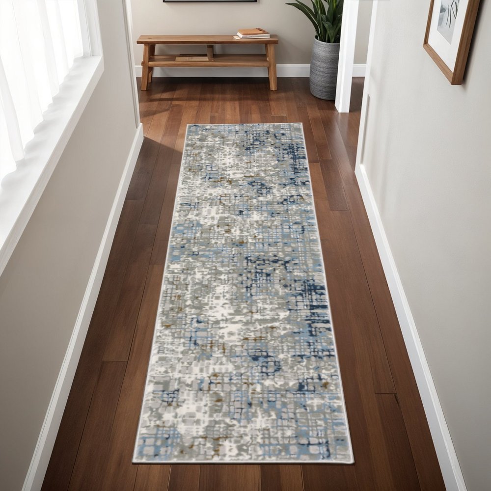 2' X 8' Blue Ivory Grey Brown Beige And Light Blue Abstract Power Loom Stain Resistant Runner Rug