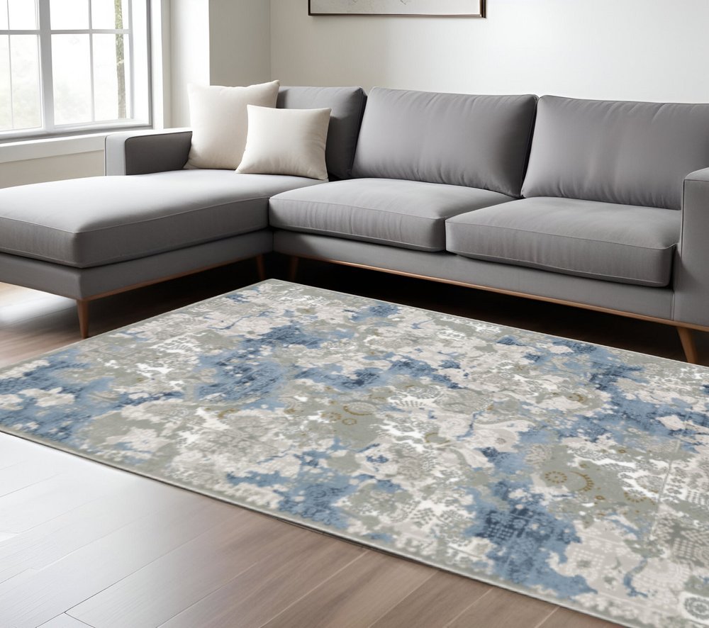 6' X 9' Grey Blue Ivory Navy Beige And Brown Abstract Power Loom Stain Resistant Area Rug