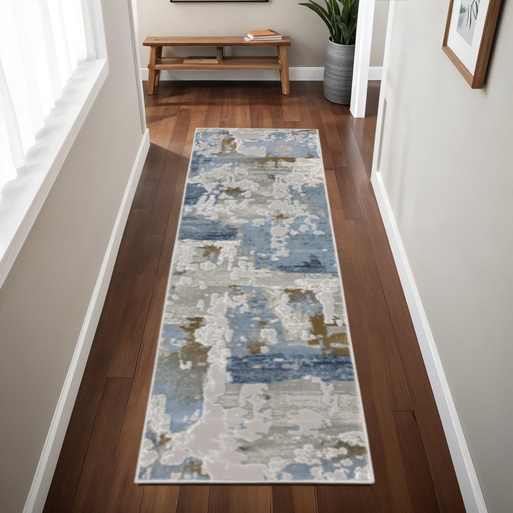 2' X 8' Grey Blue Navy Ivory And Brown Abstract Power Loom Stain Resistant Runner Rug