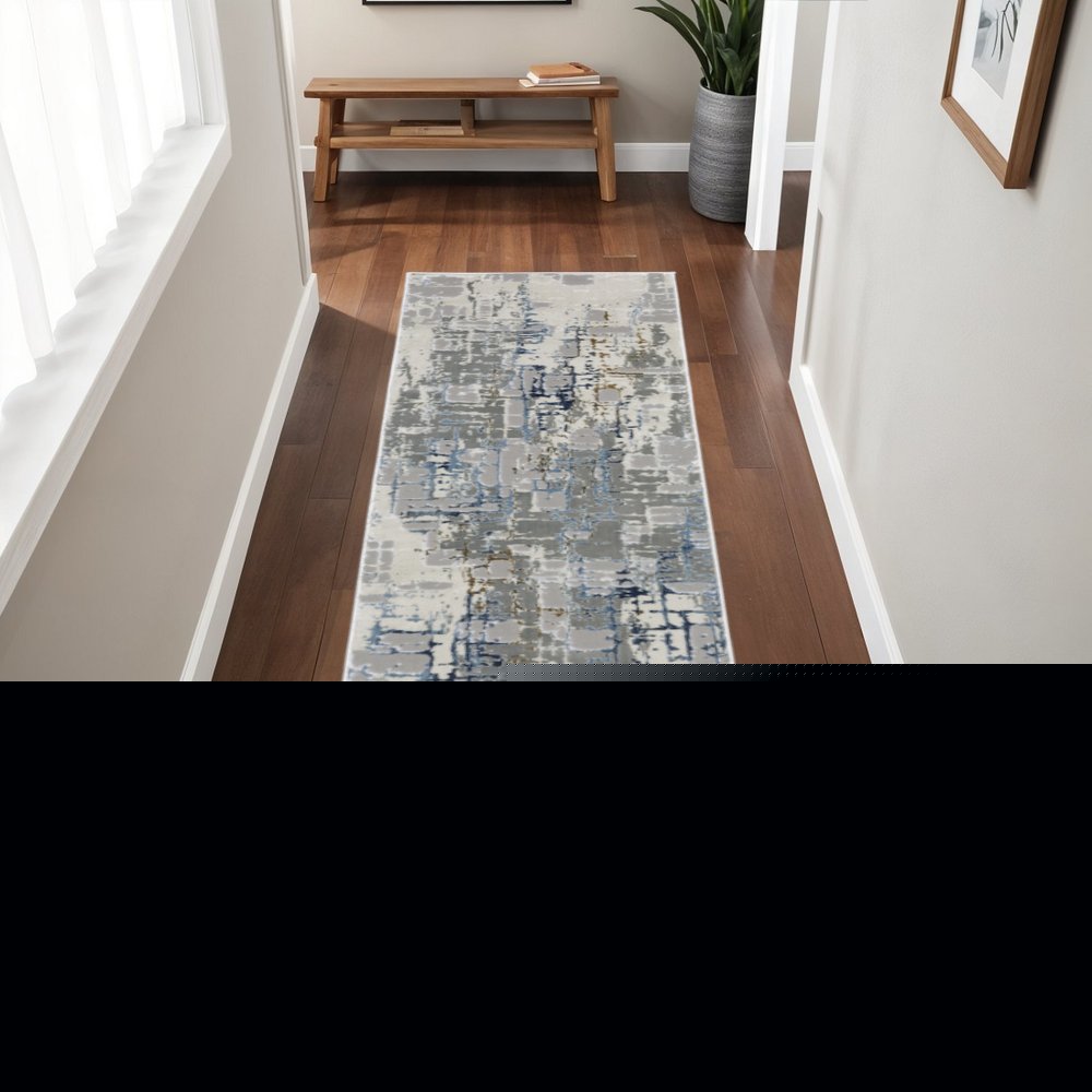 2' X 8' Grey Blue Brown Ivory And Deep Blue Abstract Power Loom Stain Resistant Runner Rug