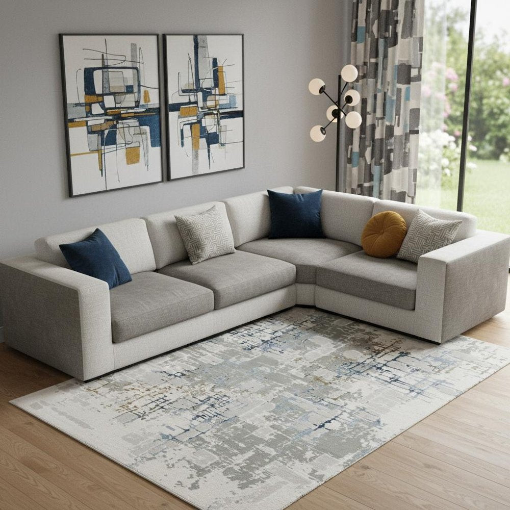 10' X 13' Grey Blue Brown Ivory And Deep Blue Abstract Power Loom Stain Resistant Area Rug