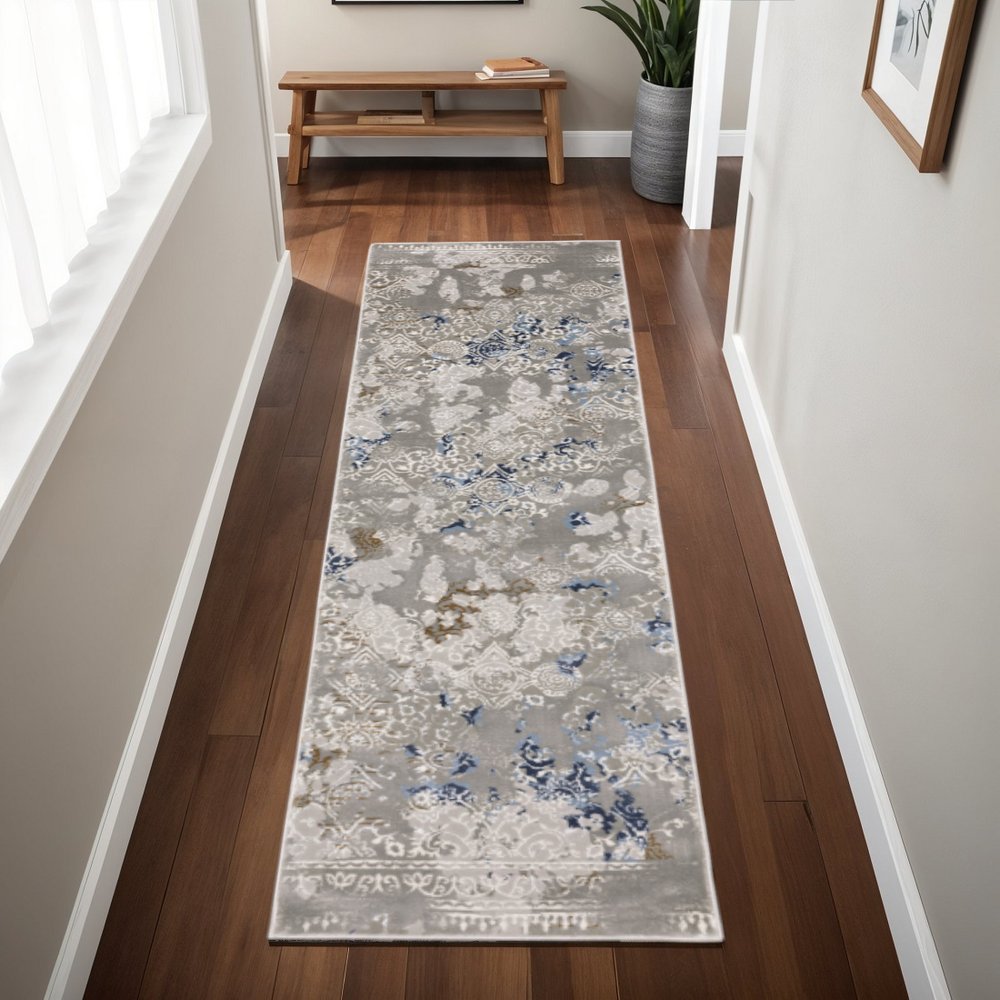 2' X 8' Grey Blue Ivory Brown And Navy Abstract Power Loom Stain Resistant Runner Rug