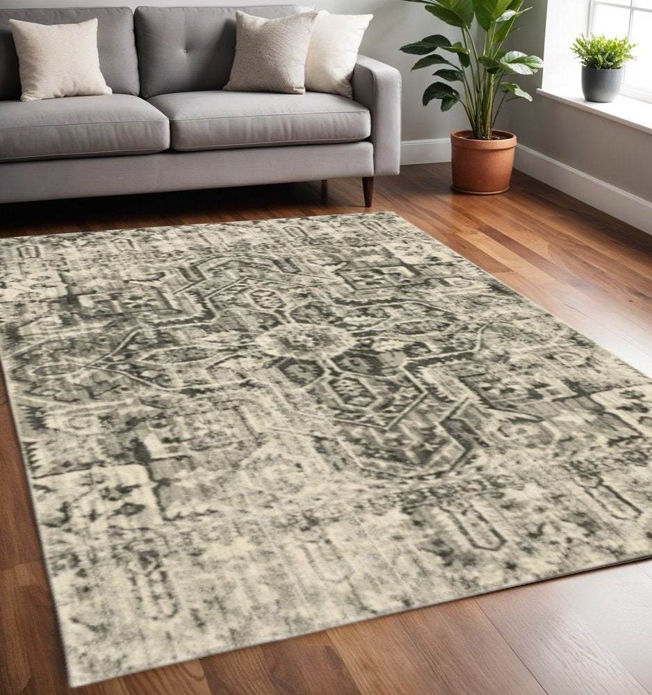 5' X 8' Grey Ivory And Brown Oriental Power Loom Stain Resistant Area Rug