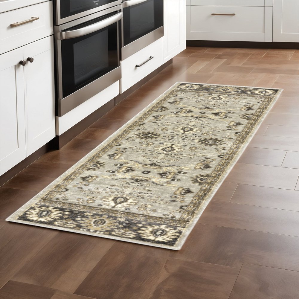 2' X 8' Grey Brown Tan And Beige Oriental Power Loom Stain Resistant Runner Rug