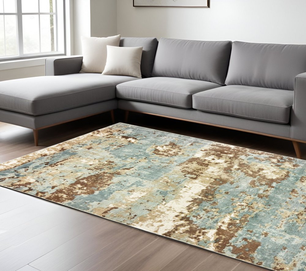 6' X 9' Blue And Brown Abstract Hand Loomed Distressed Area Rug