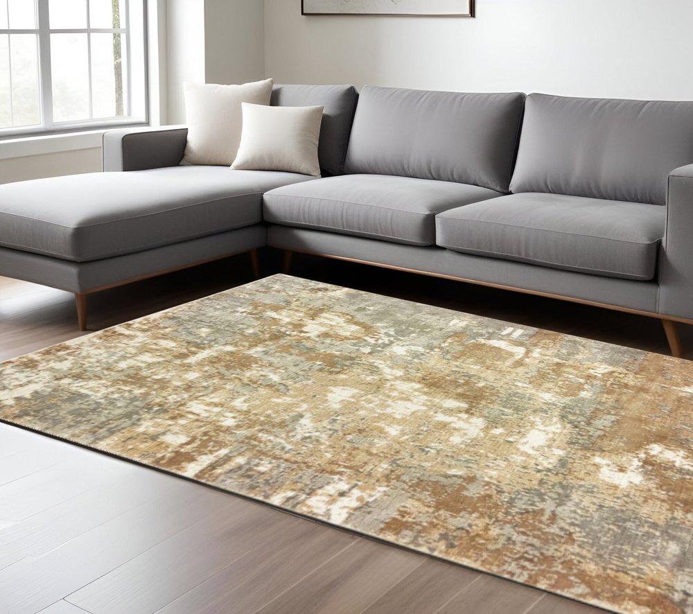9' X 12' Grey And Brown Abstract Hand Loomed Stain Resistant Area Rug