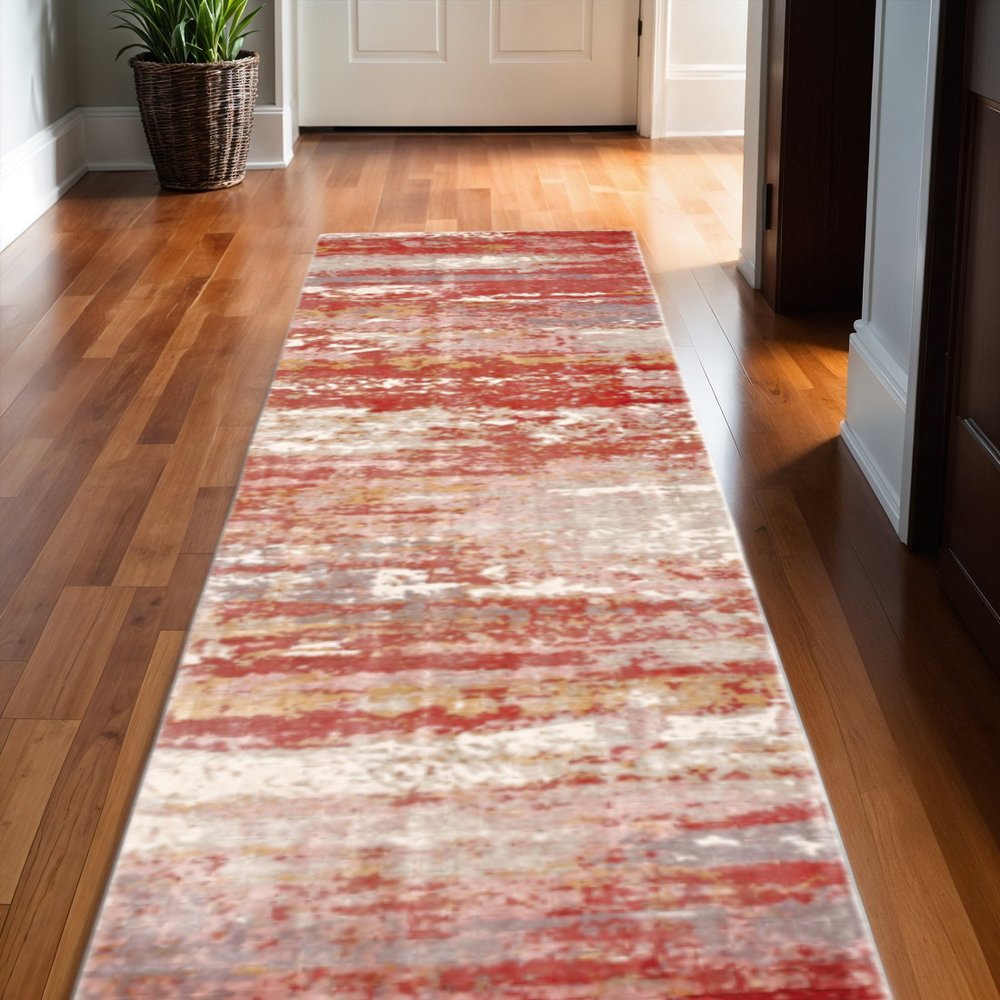 2' X 10' Pink And Red Abstract Hand Loomed Stain Resistant Runner Rug