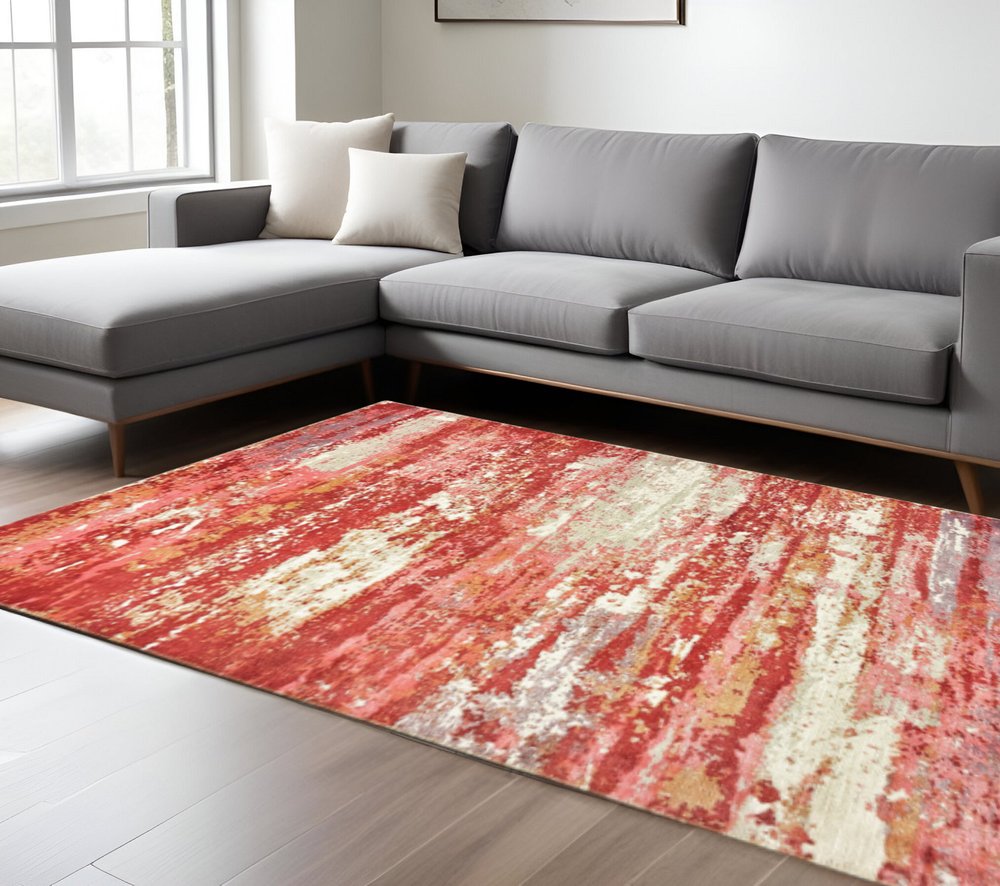 8' X 10' Pink And Red Abstract Hand Loomed Stain Resistant Area Rug