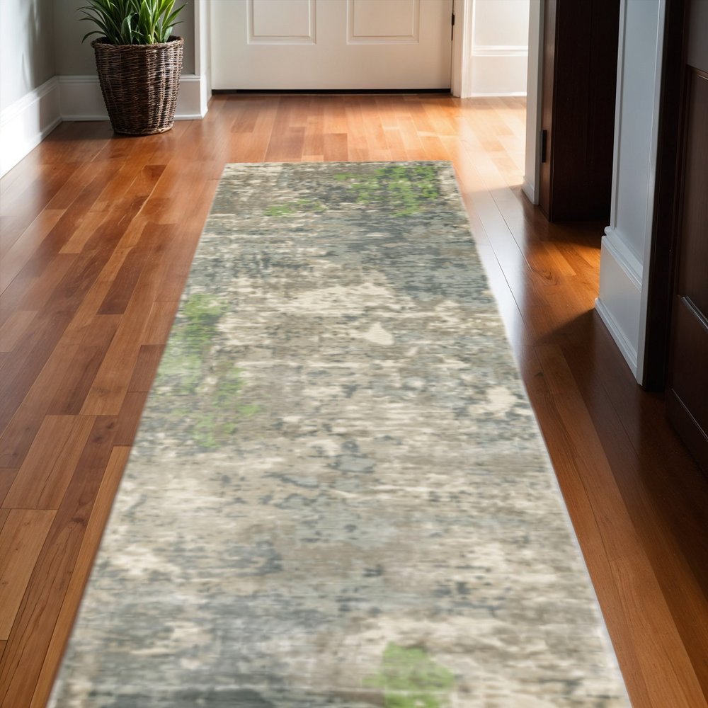 2' X 10' Blue And Green Abstract Hand Loomed Stain Resistant Runner Rug