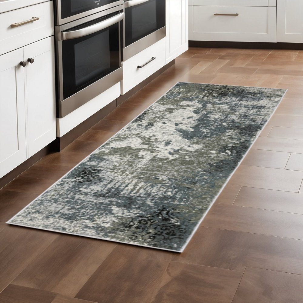 2' X 8' Ivory Grey Charcoal Blue And Navy Abstract Power Loom Stain Resistant Runner Rug