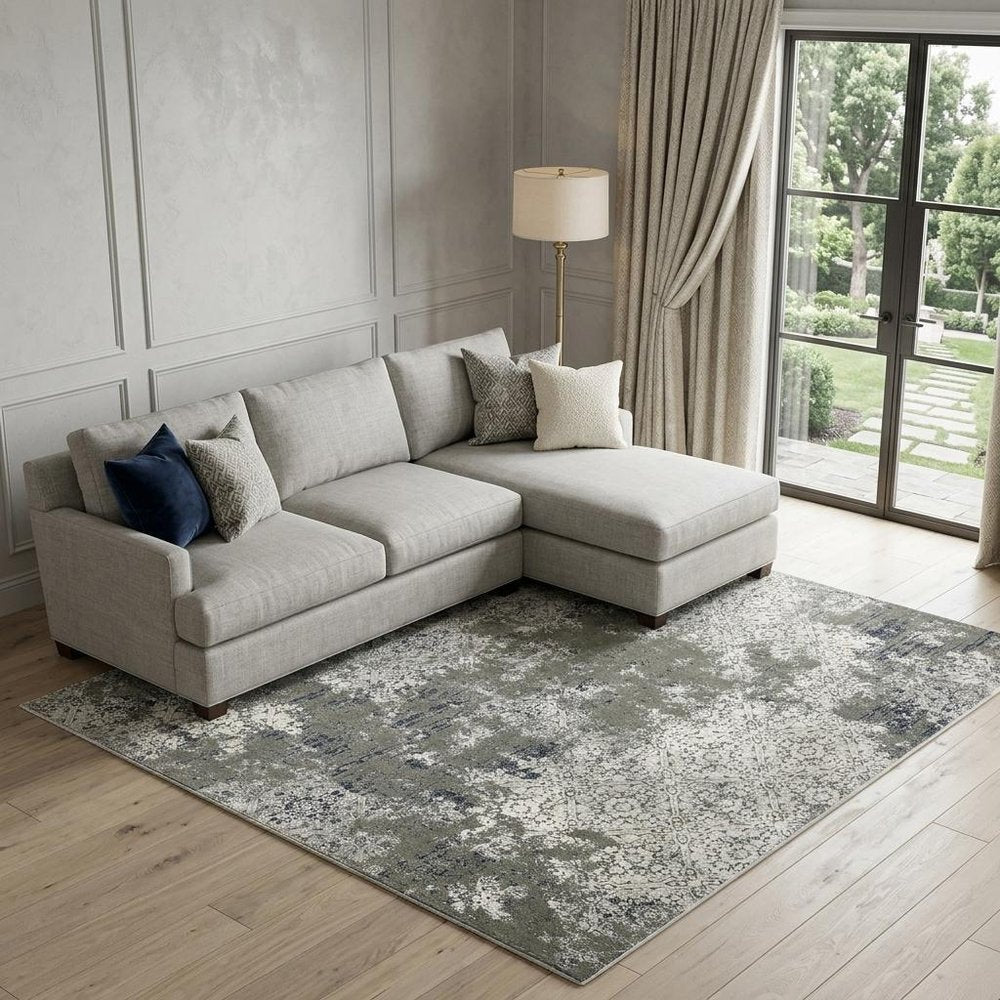 7' X 10' Beige And Gray Abstract Distressed Area Rug