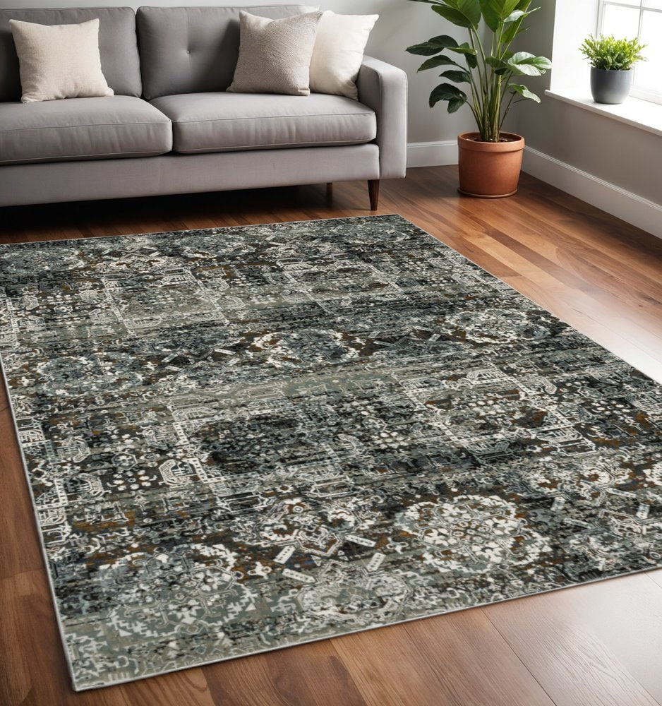 5' X 8' Charcoal Gray And White Oriental Distressed Area Rug