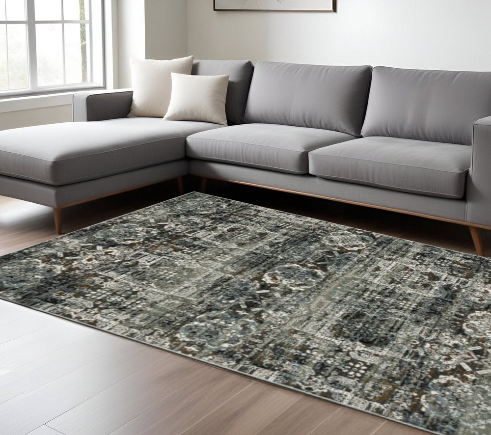 10' X 13' Ivory Charcoal Grey Blue Rust Gold And Brown Oriental Power Loom Stain Resistant Area Rug