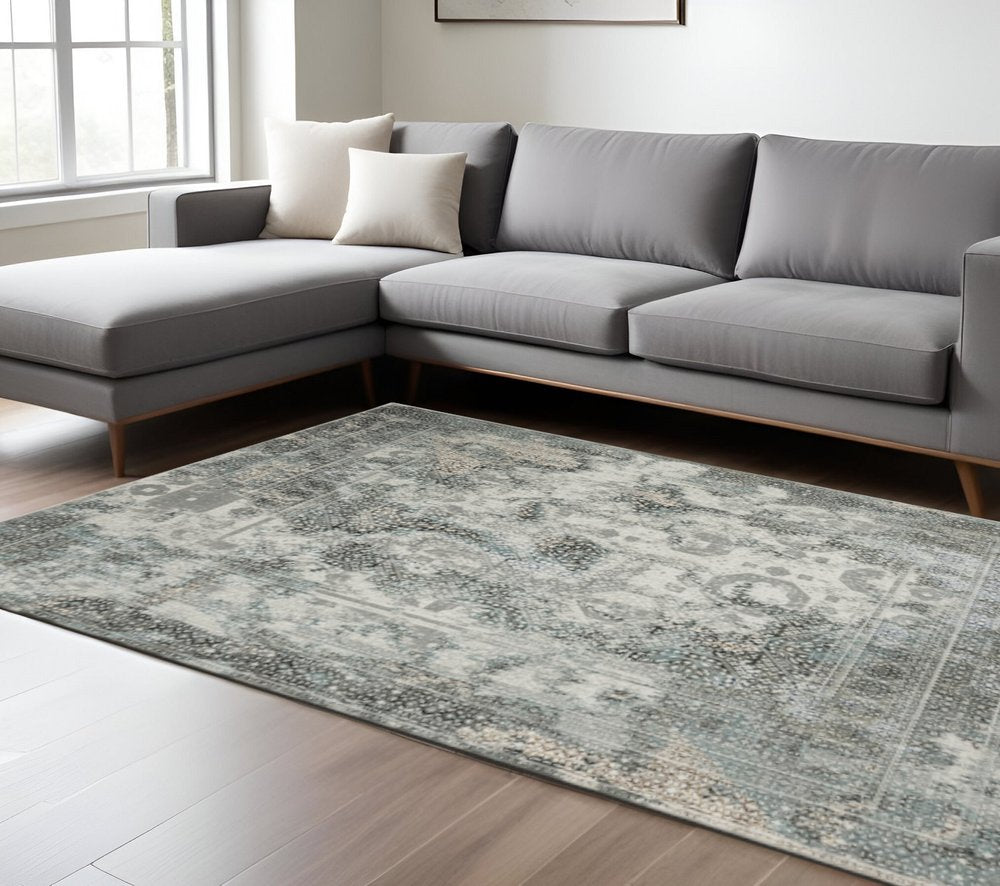 10' X 13' Ivory Grey Charcoal Blue And Rust Oriental Power Loom Stain Resistant Area Rug