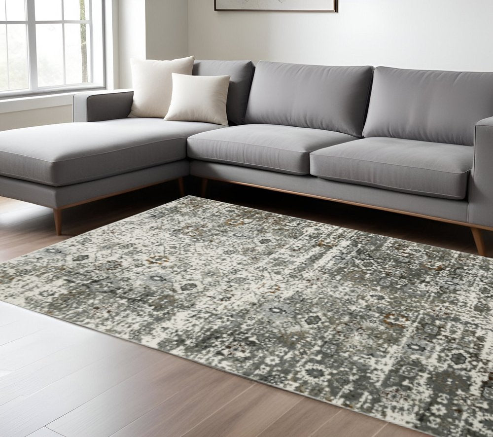 8' X 11' Ivory Grey Charcoal Rust Gold And Brown Oriental Power Loom Stain Resistant Area Rug