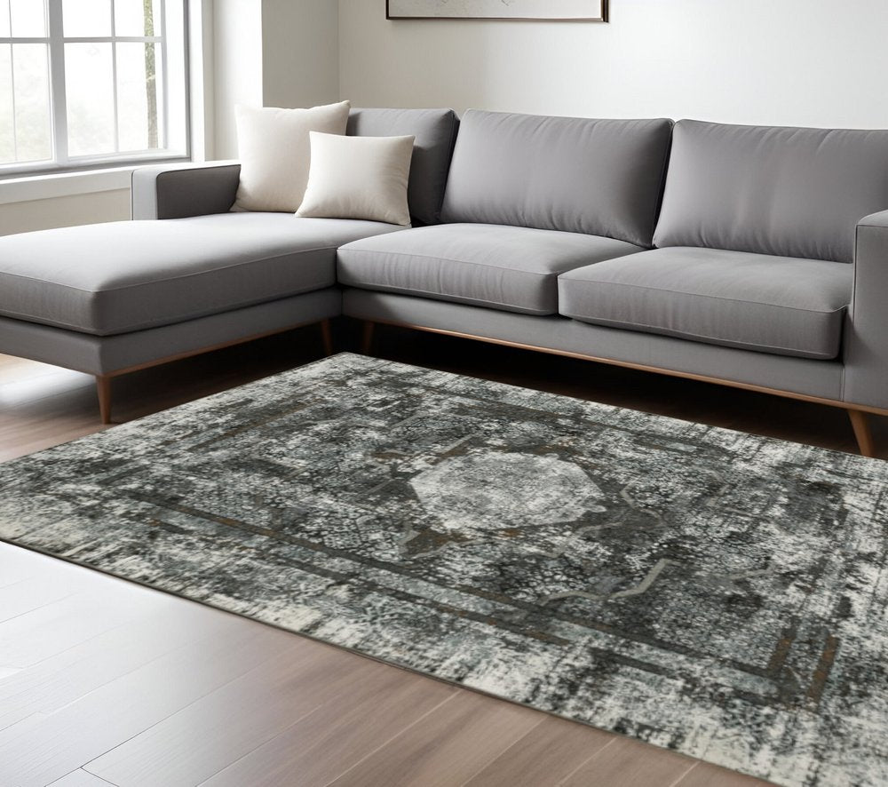 10' X 13' Charcoal Rust Grey Blue Ivory And Brown Oriental Power Loom Stain Resistant Area Rug