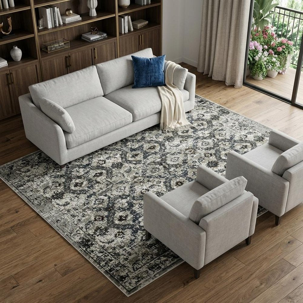 7' X 10' Charcoal And Gray Oriental Distressed Area Rug