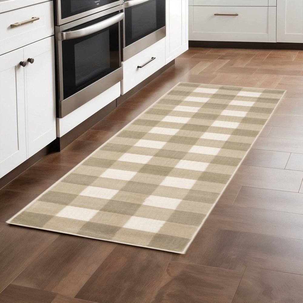2' X 8' Beige And Ivory Geometric Power Loom Stain Resistant Runner Rug