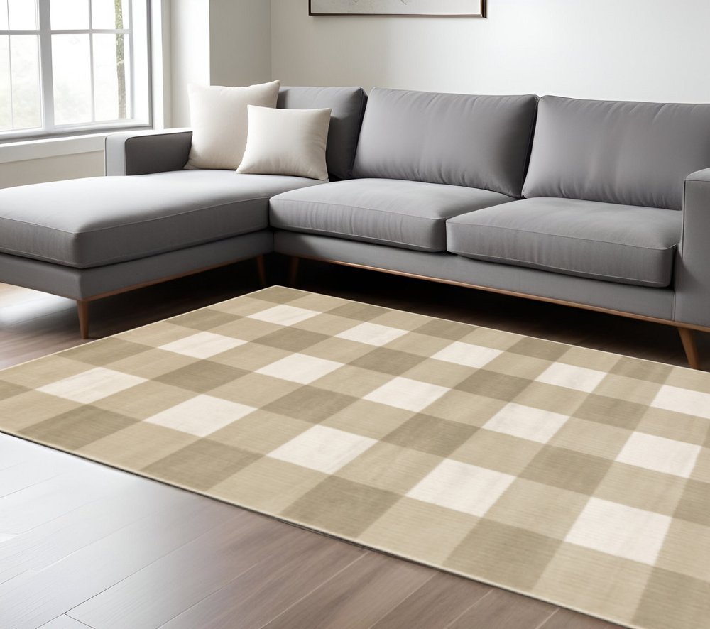 8' X 10' Beige And Ivory Geometric Power Loom Stain Resistant Area Rug