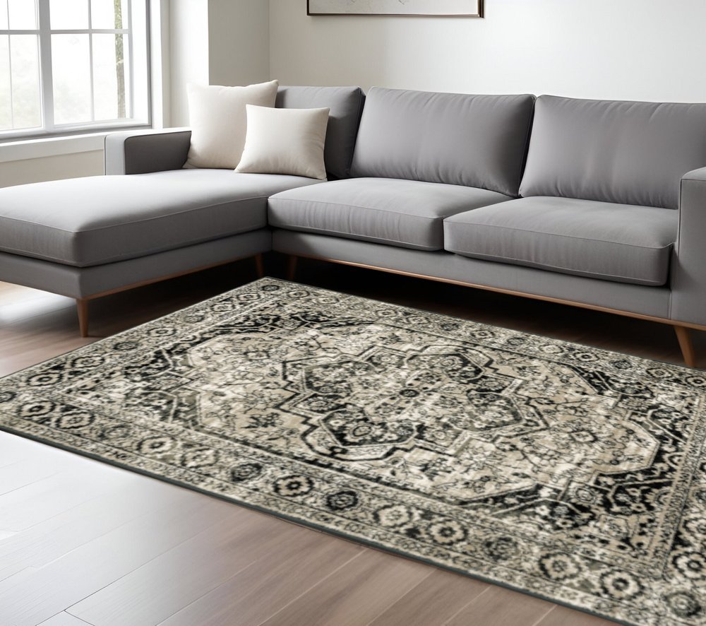8' X 10' Black Grey Tan And Ivory Oriental Power Loom Stain Resistant Area Rug