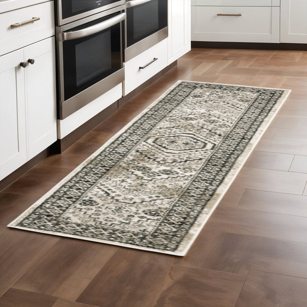 2' X 8' Ivory Grey Black And Ivory Oriental Power Loom Stain Resistant Runner Rug